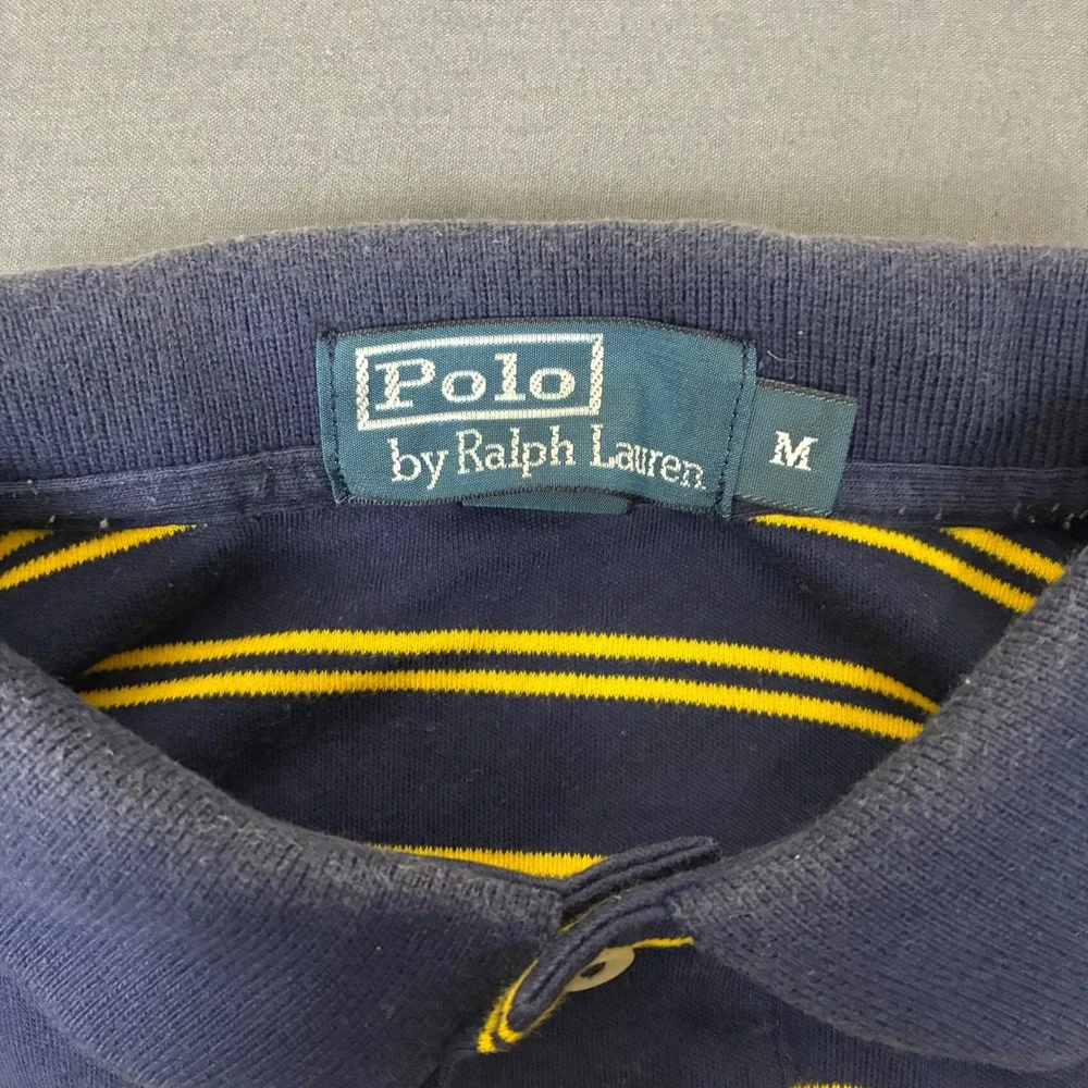 Polo Ralph Lauren Navy Blue & Yellow Striped Short Sleeve Polo Shirt Mens Medium